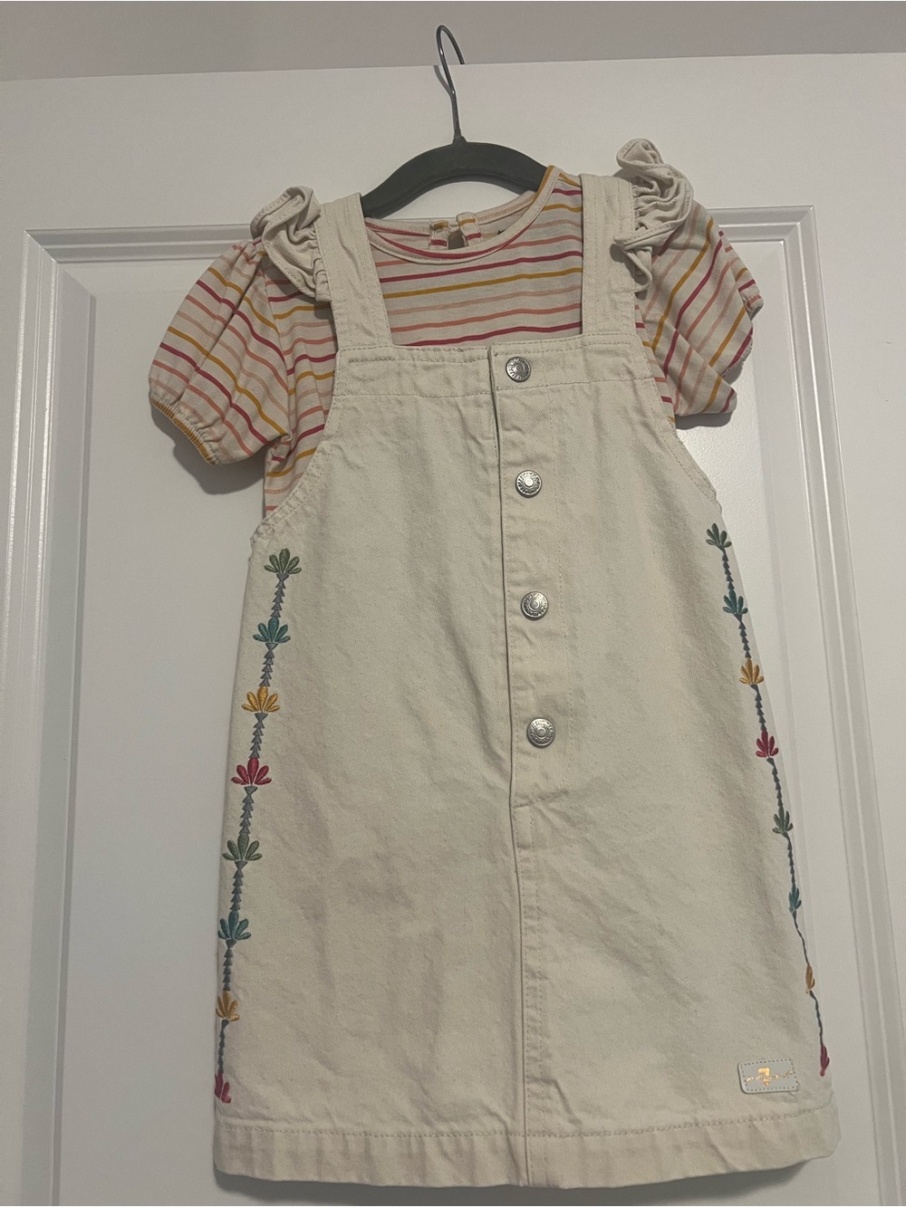 7 For All Mankind Cream Embroidered Pinafore Overalls with Multicolor Stripe Tee